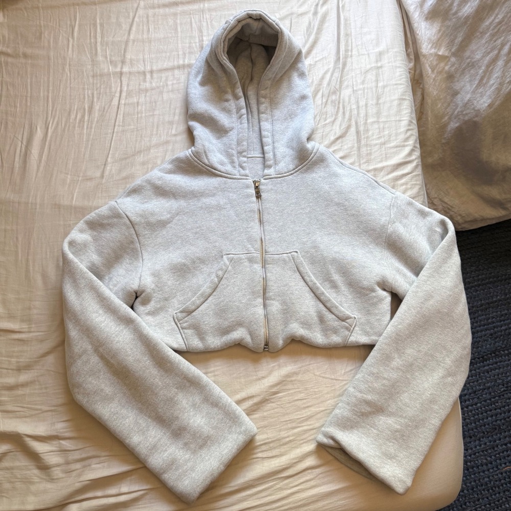 AYA light heather grey full zip chunky knit cropped oversized hoodie sweater